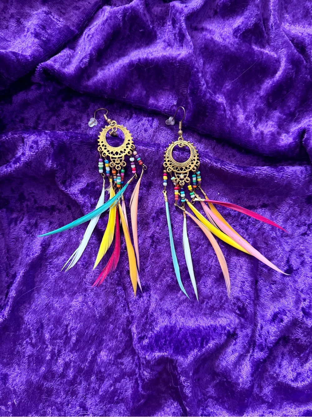 Gold Filigree Multicolor Feather Dangle Earrings